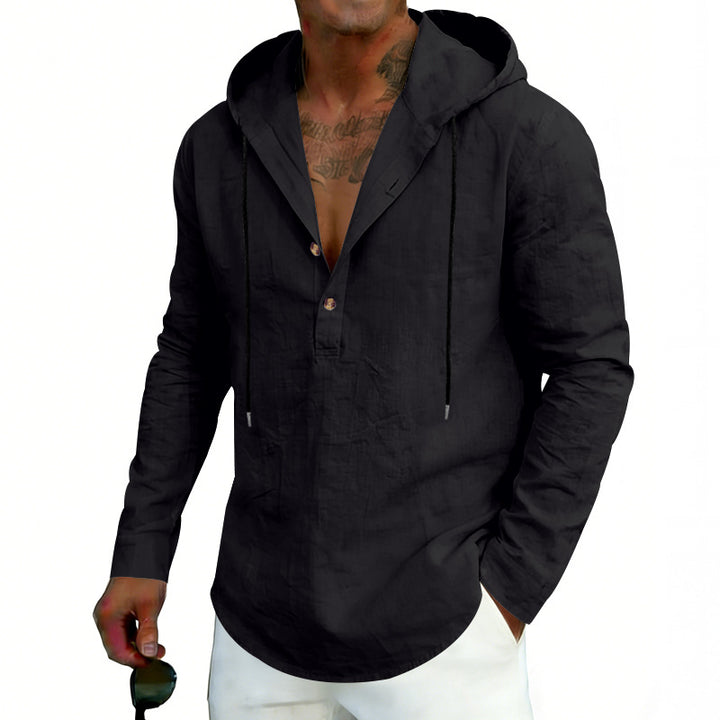 Men's Linen Henley Hooded Shirt with Short Button Placket, Hood, and Relaxed Fit Mune Fashion