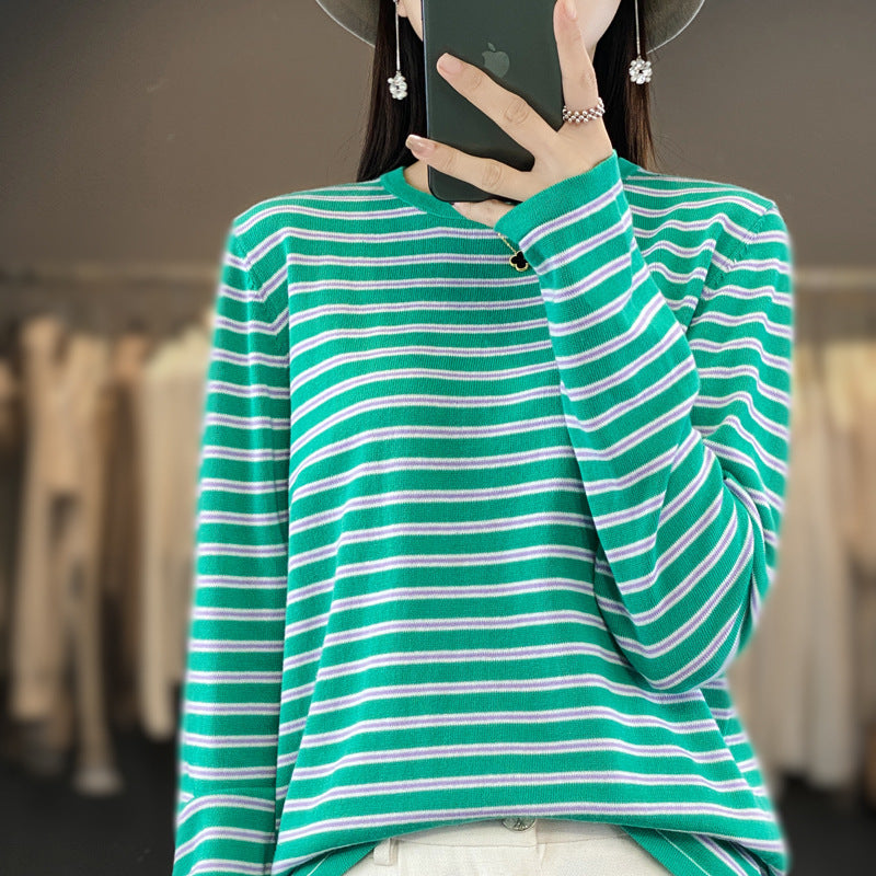 Women Light Cotton Blend Stripe Sweater with Round Neck, Raglan Sleeves and Casual Silhouette Mune Fashion