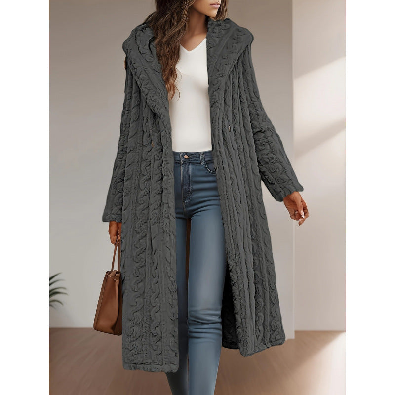 Women's Long Hooded Teddy Coat with Cable Knit Look Mune Fashion