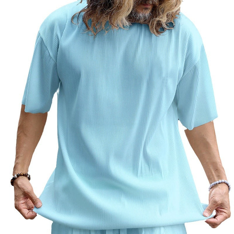 Men's modern ribbed leisure set with wide short-sleeve shirt and elastic drawstring pants Mune Fashion