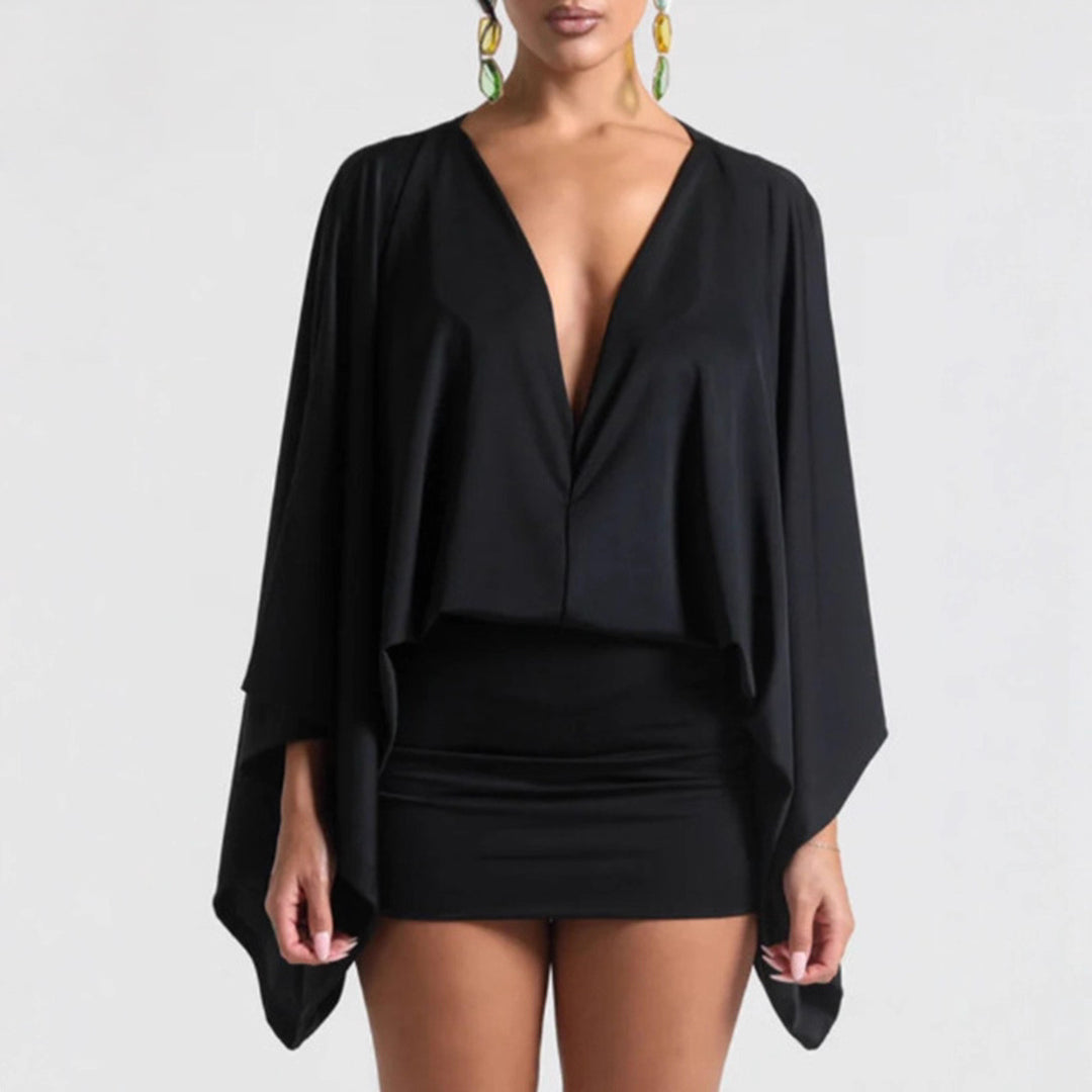 Women nan cape mini dress with deep V-neck, batwing sleeves and tailored mini skirt Mune Fashion