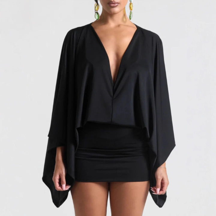 Women nan cape mini dress with deep V-neck, batwing sleeves and tailored mini skirt Mune Fashion