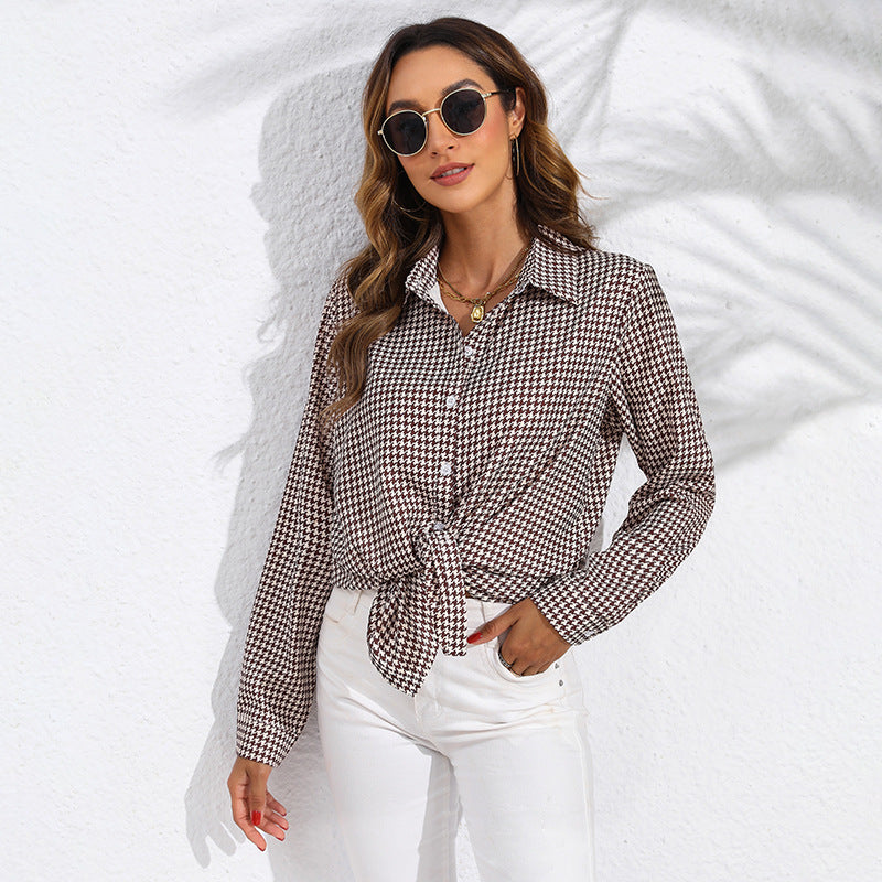 Women knotted houndstooth blouse with shirt collar and continuous button placket Mune Fashion