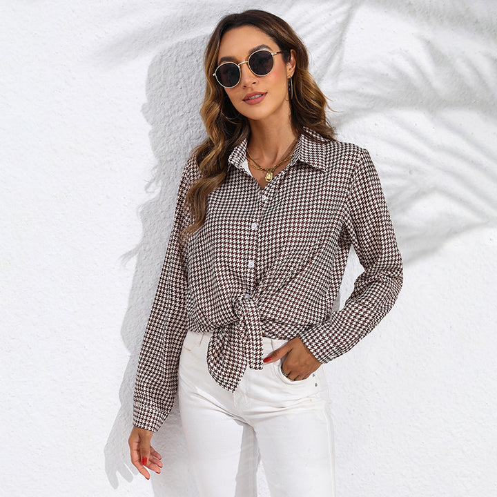 Women knotted houndstooth blouse with shirt collar and continuous button placket Mune Fashion
