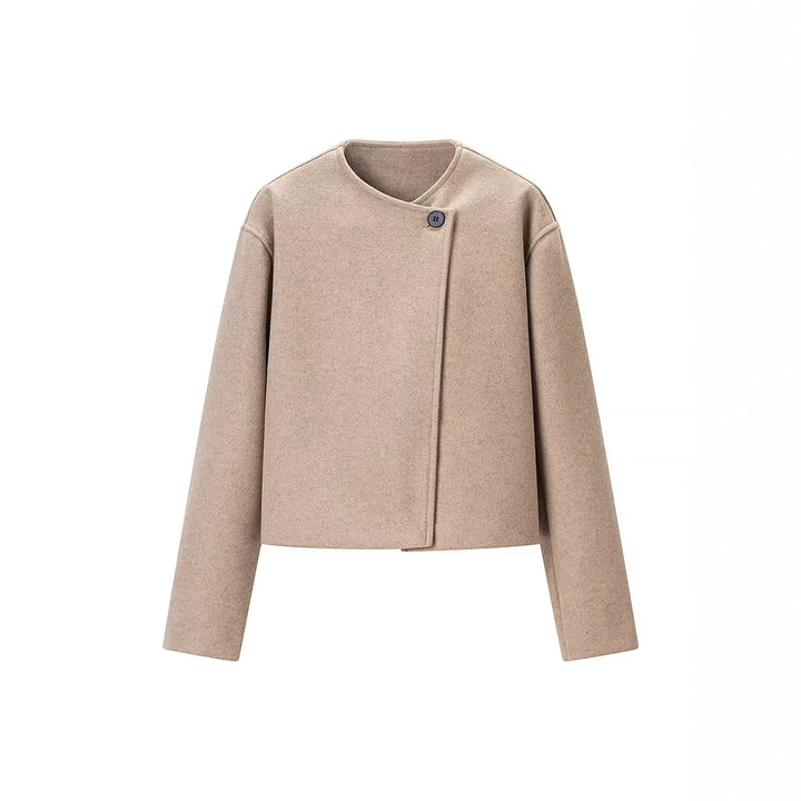 Women's Short Cut Wool Mix Boxy Jacket with Asymmetrical Button Placket Mune Fashion