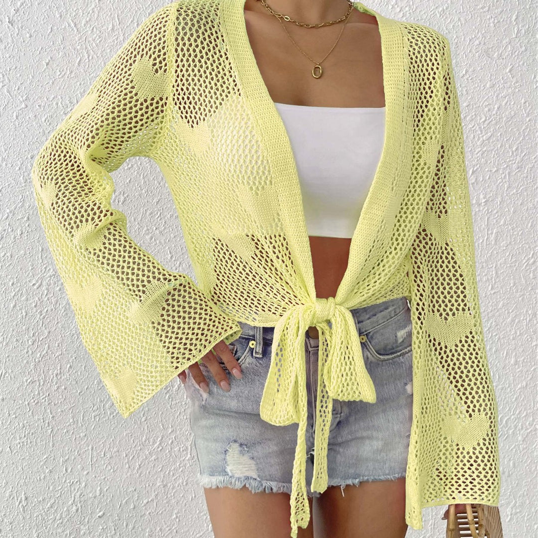 Women's airy knitted kimono with open front and drawstring