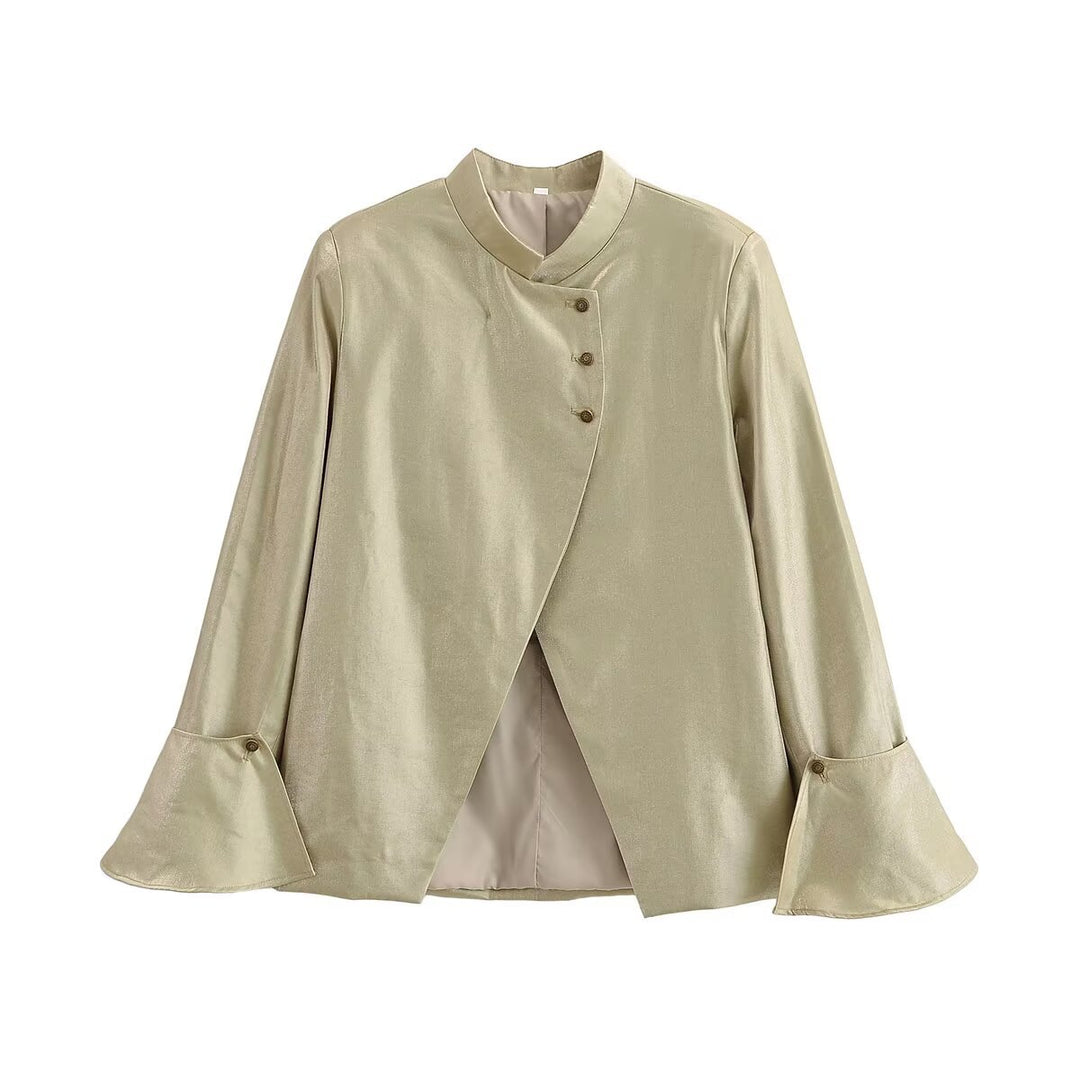 Women Asymmetrical Satin Blouse Jacket with Mandarin Collar and Bell Sleeves Mune Fashion