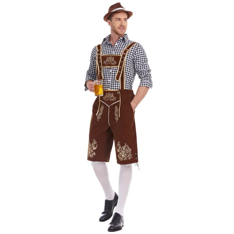 Men's faux-felt leather knee-length pants with baroque embroidery, adjustable straps, and decorative rivets Mune Fashion
