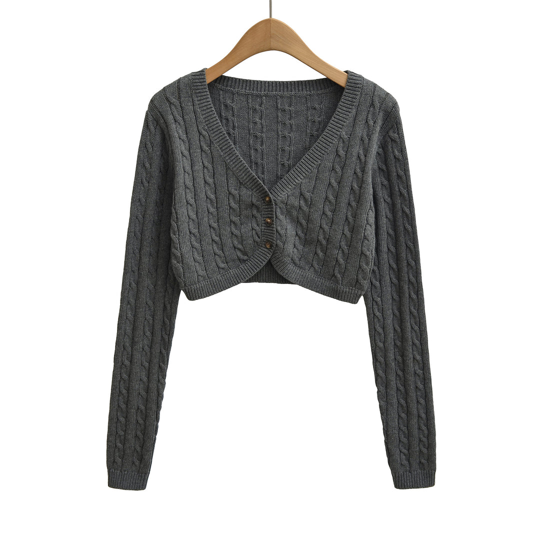 Women Short-Cut Cable Knit Cardigan with V-Neck and Button Placket Mune Fashion