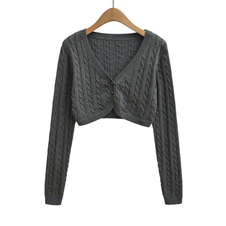 Women Short-Cut Cable Knit Cardigan with V-Neck and Button Placket Mune Fashion