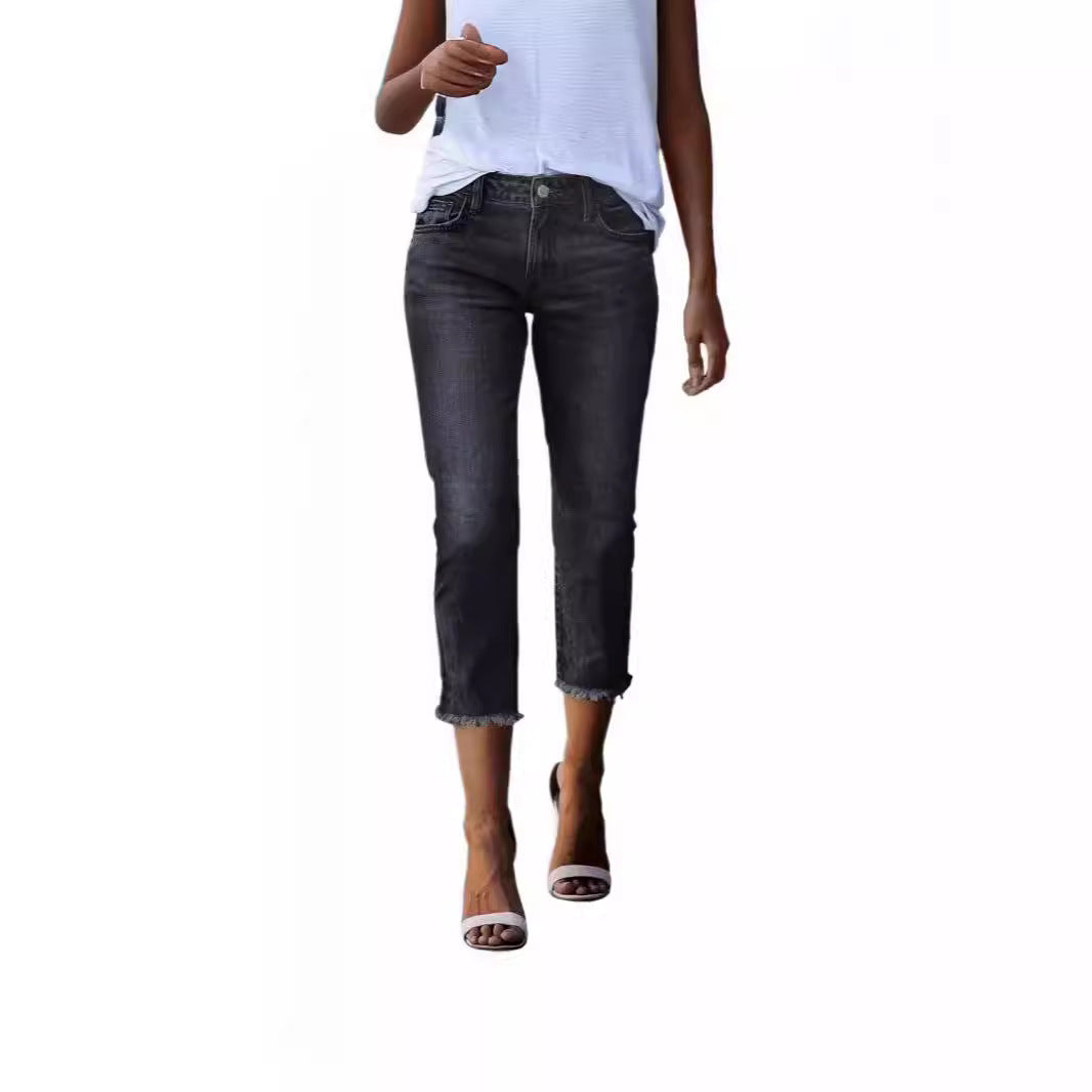 Women’s straight-cut jeans in cropped length with frayed hem Mune Fashion