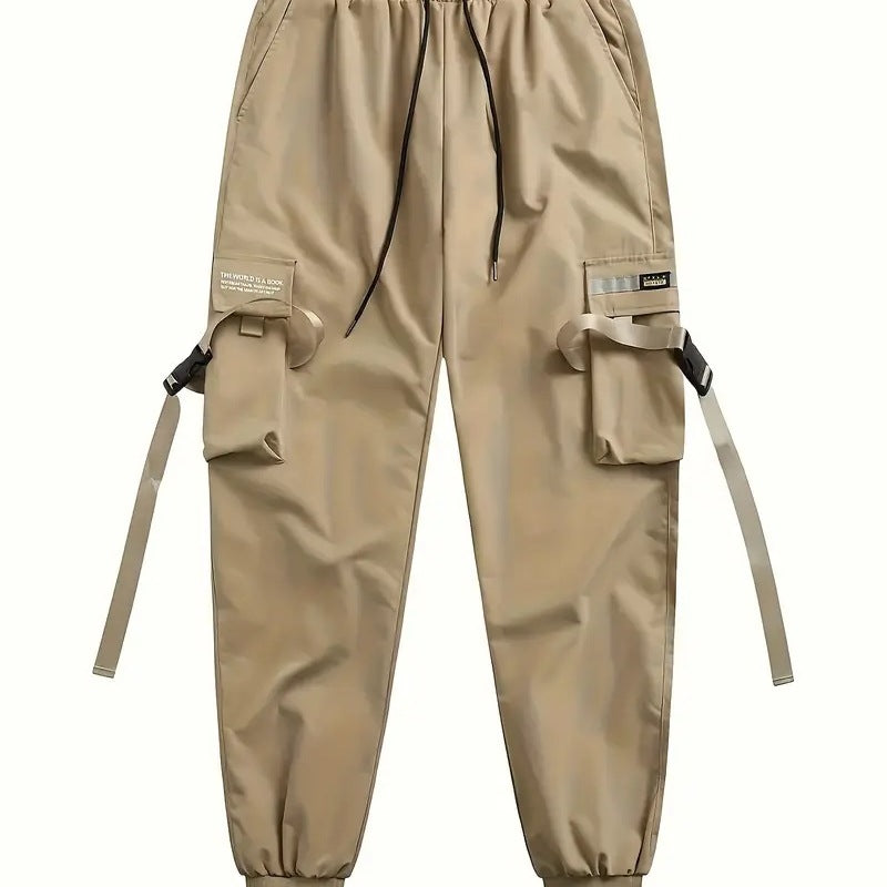 Men's Technical Cargo Jogging Pants with Multiple Pockets, Belt Straps & Elastic Cuffs Mune Fashion