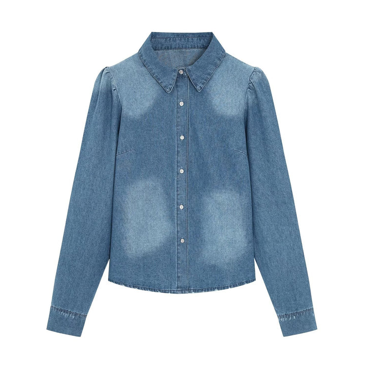 Women’s denim blouse with slightly puffed sleeves and classic shirt collar Mune Fashion