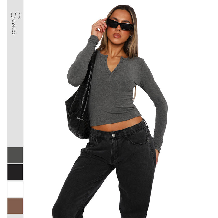 Women Ribbed Long Sleeve Henley Cropped Shirt Mune Fashion