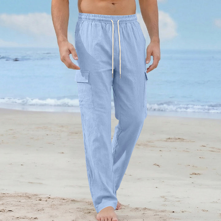 Men's loose linen cargo pants with elastic drawstring waistband and patch flap pockets Mune Fashion
