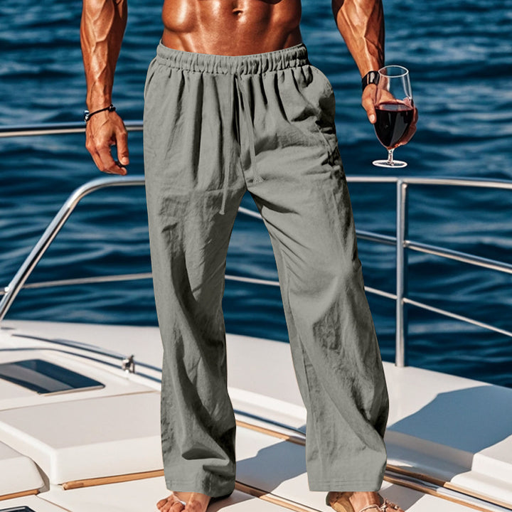 Men's loose linen lounge pants with elastic drawstring waistband, cord drawstring, and straight leg Mune Fashion