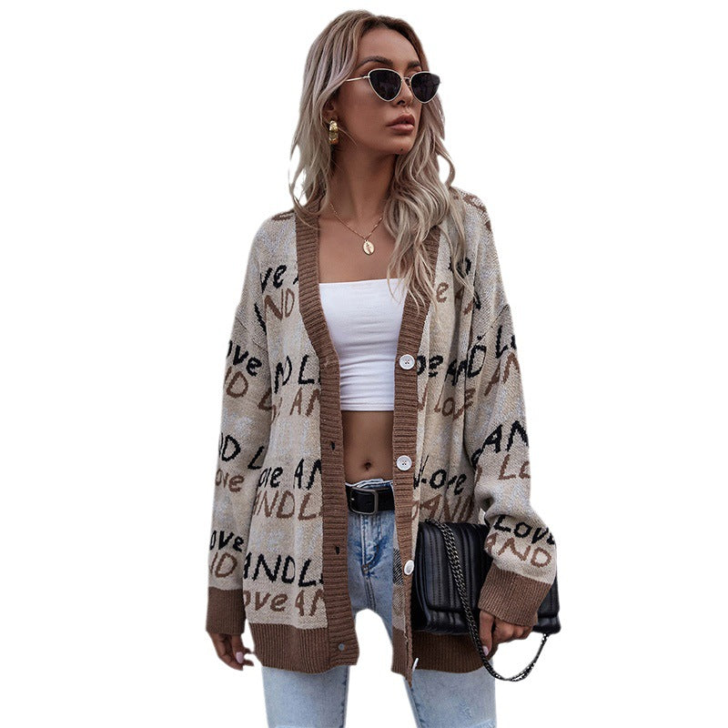 Women's Oversized Knit Cardigan with Jacquard Text Pattern, V-Neck & Button Placket Mune Fashion