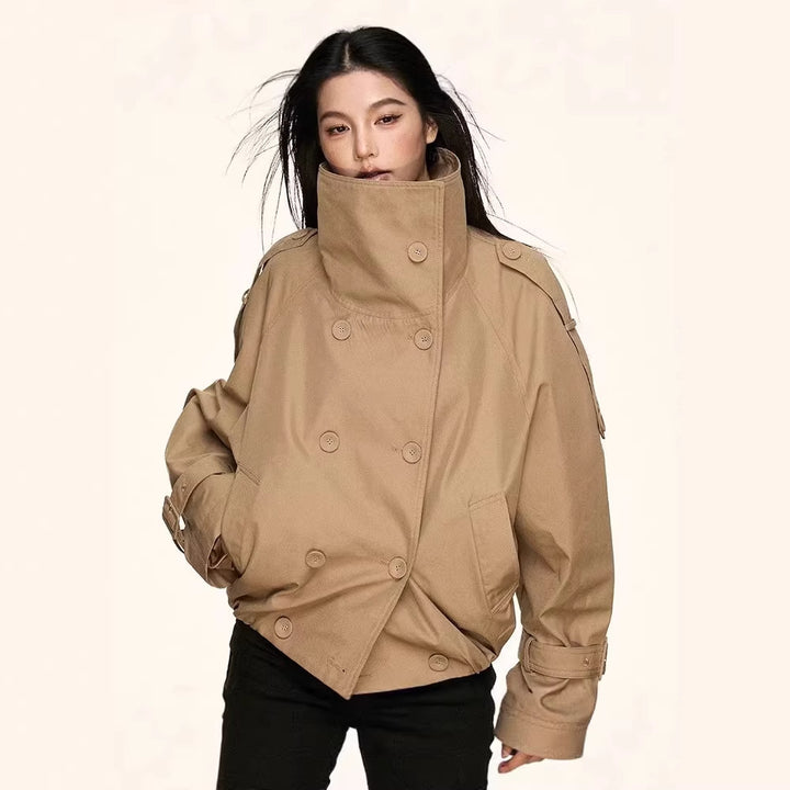 Women Oversized Double-Breasted Trench Bomber Jacket with High Stand-Up Collar Mune Fashion