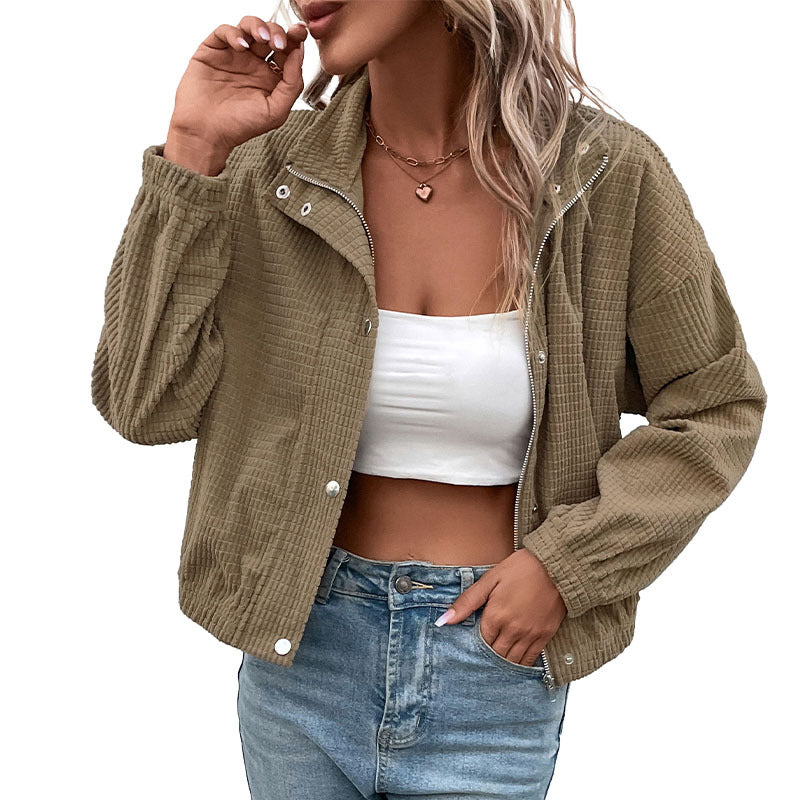 Women's short waffle structure jacket with stand-up collar and zipper Mune Fashion