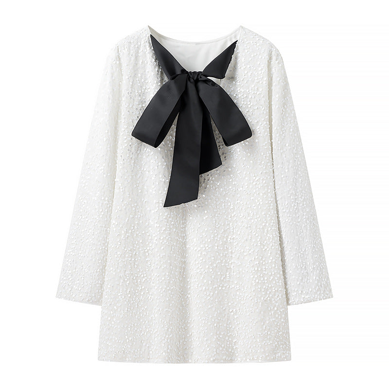 Women's Glitter Tunic with Bow Collar and Fine Sequin Structure Mune Fashion