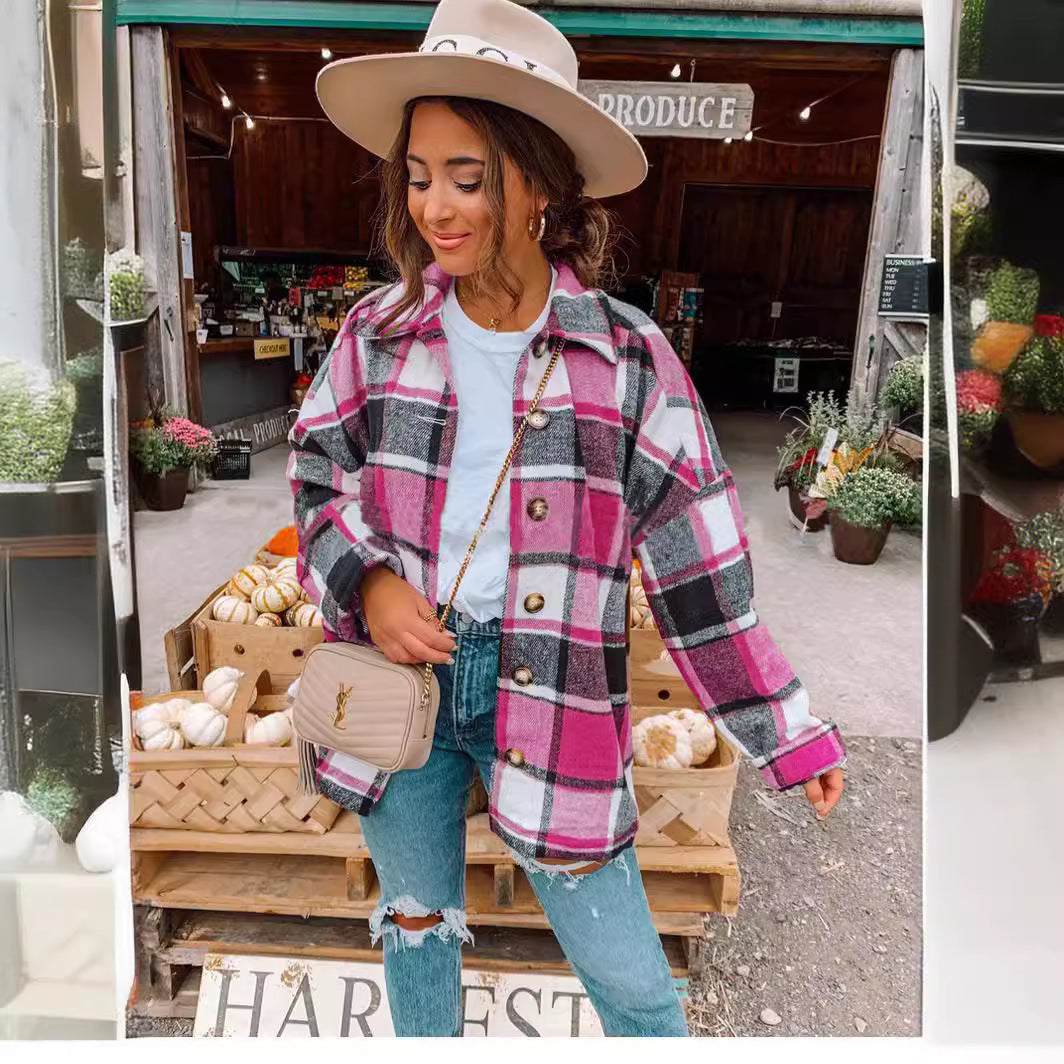 Women's Oversized Checked Flannel Shacket with Chest Pockets and Wooden Buttons Mune Fashion