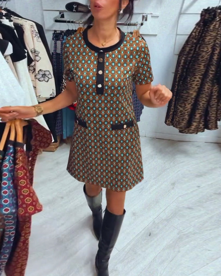Women's Retro A-Line Mini Dress with Geometric Pattern, Contrast Trim and Decorative Pocket Detail Mune Fashion