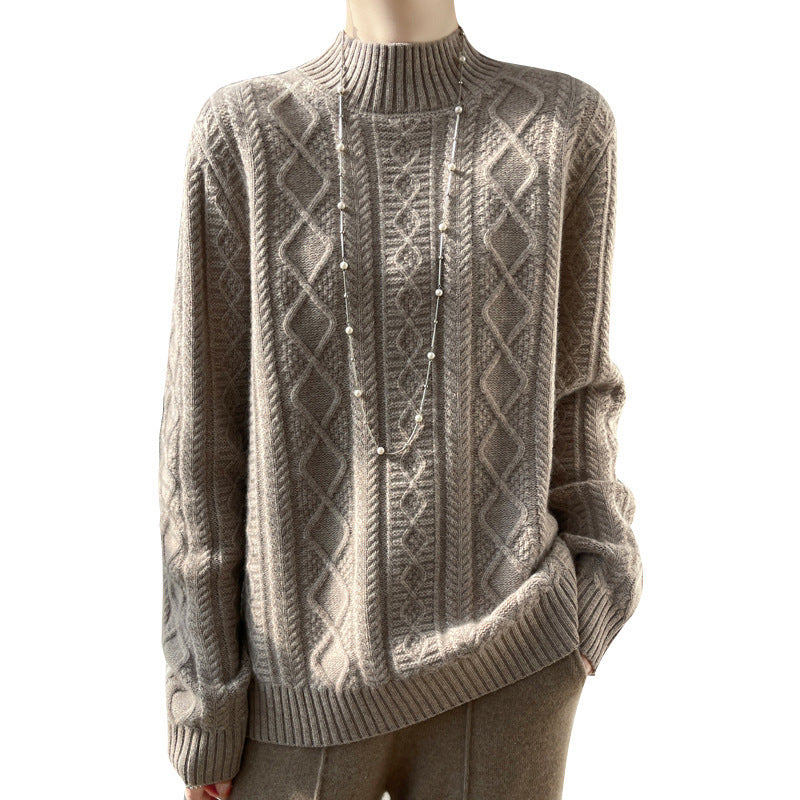 Women's cable-knit mock neck sweater with fine ajour detail and fluffy cashmere look Mune Fashion
