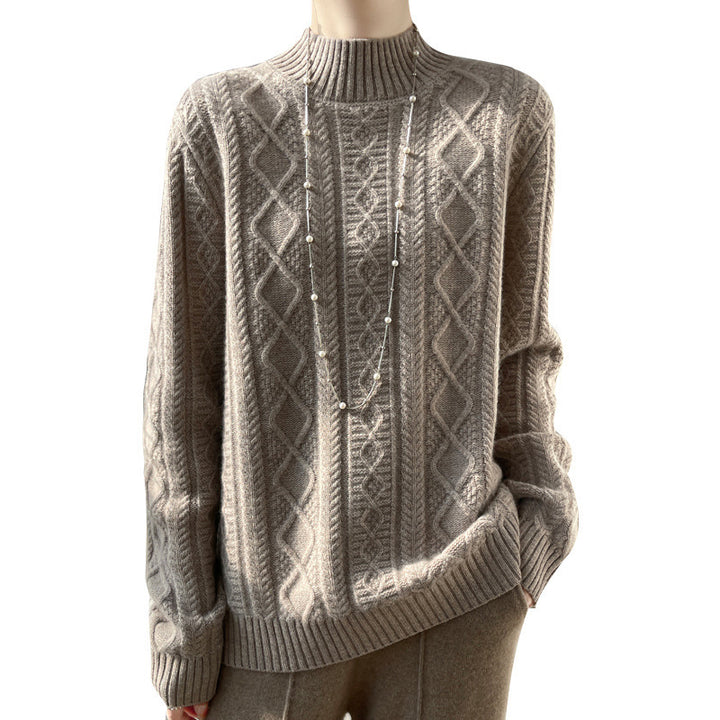 Women's cable-knit mock neck sweater with fine ajour detail and fluffy cashmere look Mune Fashion