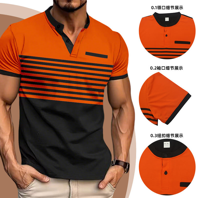 Men's short-sleeved Henley top with short button placket, chest piping, and block stripes Mune Fashion