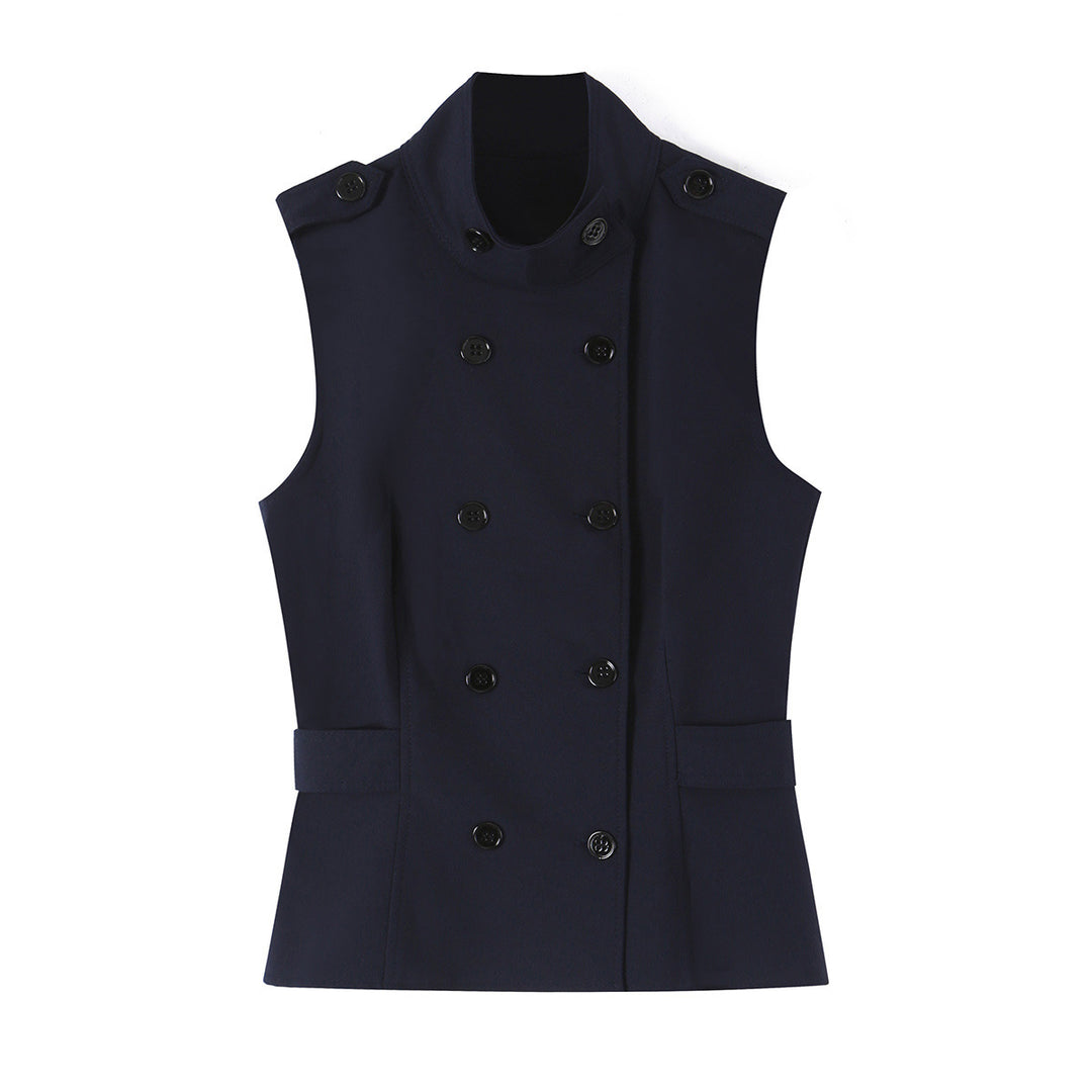 Women's Sleeveless Double-Breasted Pinstripe Waistcoat with Stand Collar Mune Fashion