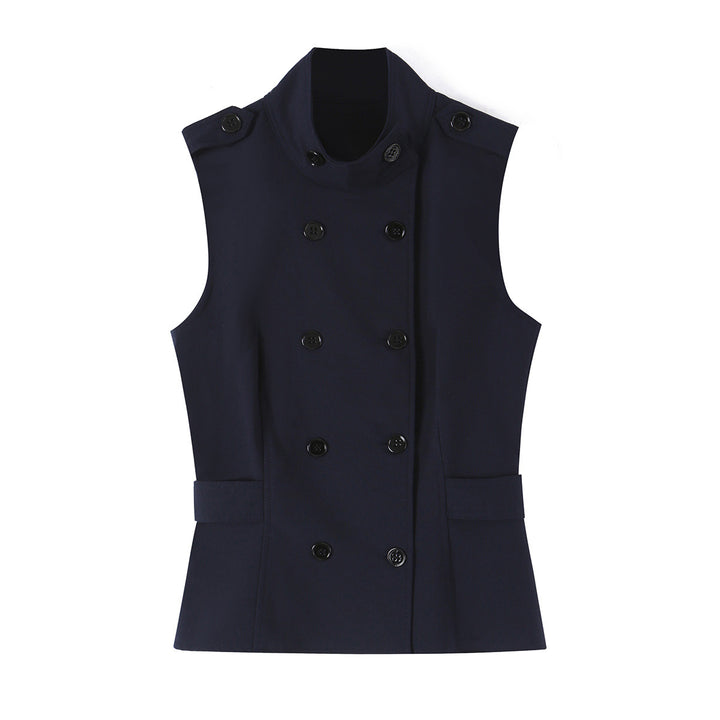 Women's Sleeveless Double-Breasted Pinstripe Waistcoat with Stand Collar Mune Fashion