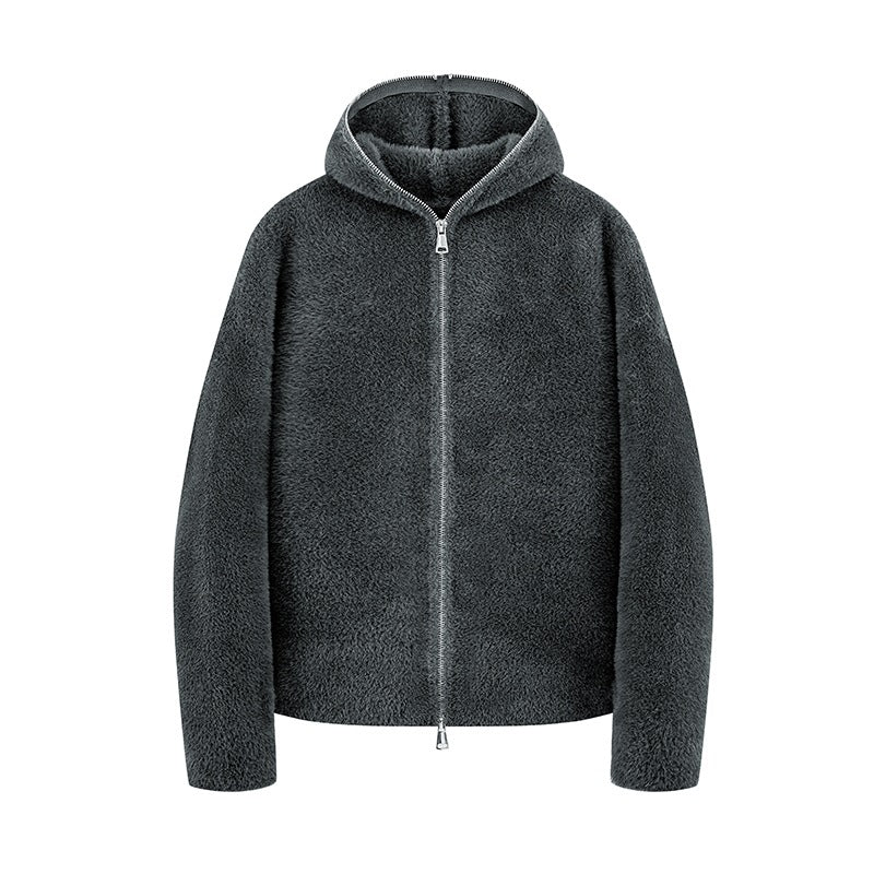Women's short cut teddy fleece hooded jacket with metal zipper Mune Fashion