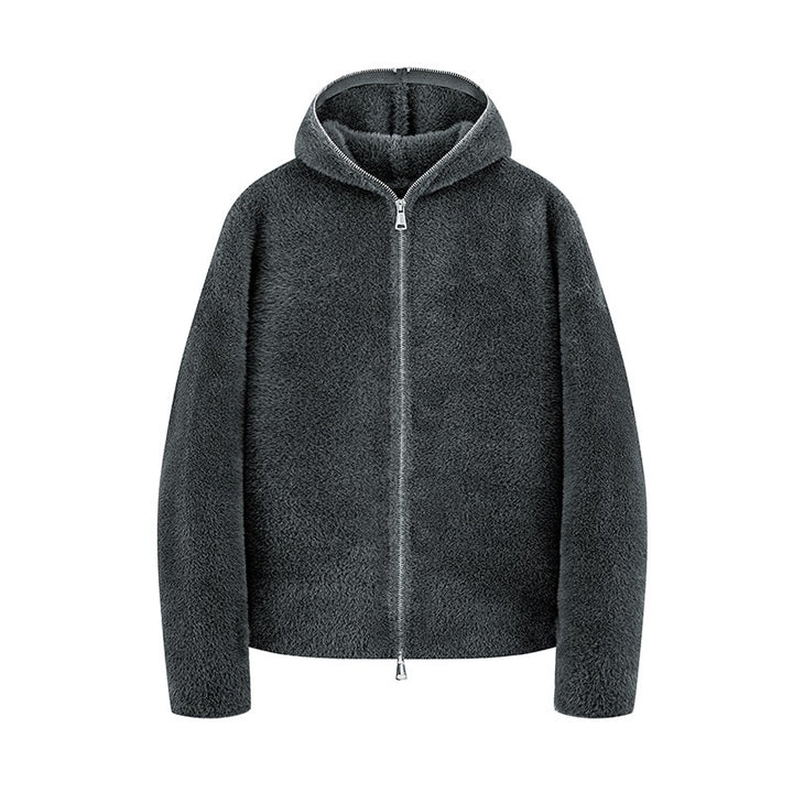 Women's short cut teddy fleece hooded jacket with metal zipper Mune Fashion