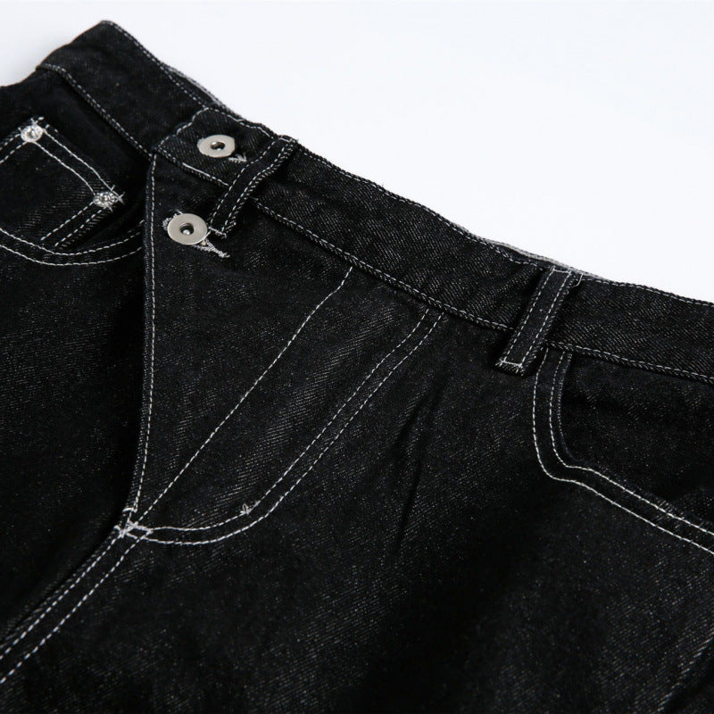 Women's Wide High-Waist Denim Jeans with Asymmetric Button Placket and Contrast Stitching Mune Fashion