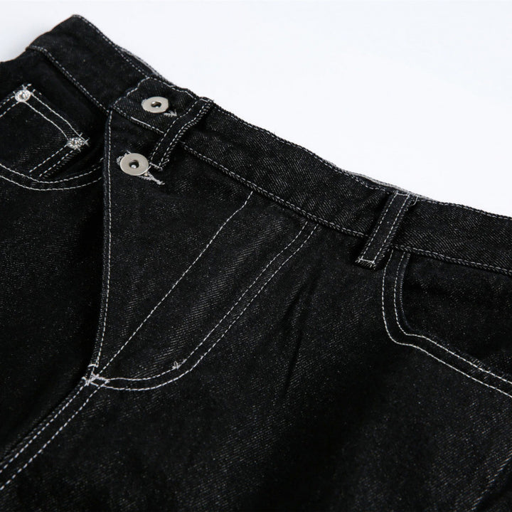 Women's Wide High-Waist Denim Jeans with Asymmetric Button Placket and Contrast Stitching Mune Fashion