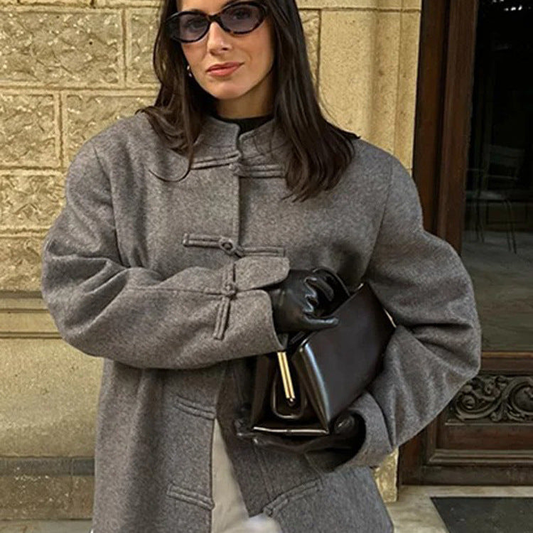 Women's Boxy Wool Blend Short Jacket with Toggle Closures and Stand-up Collar Mune Fashion