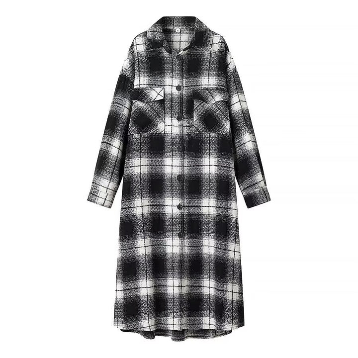 Women's Longline Check Overshirt with Oversized Cut and Flap Pockets Mune Fashion