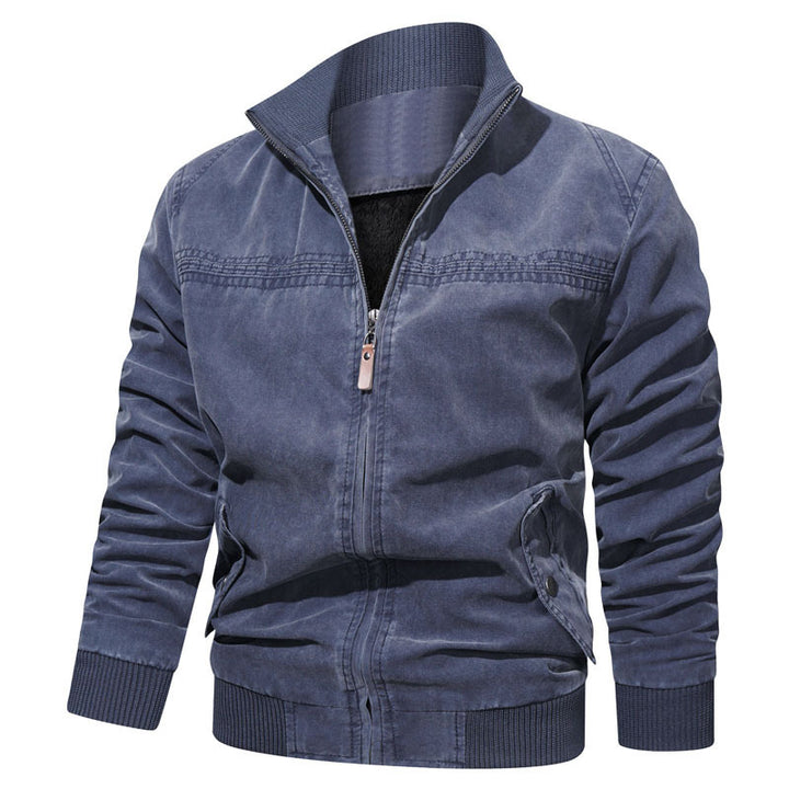 Men's Cotton Canvas Zip Blouson in Vintage Look with Structured Stand Collar and Ribbed Cuffs Mune Fashion