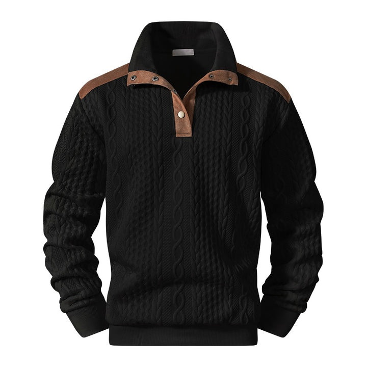 Men's knitted sweater with cable pattern, stand-up collar and contrast shoulder & elbow patches Mune Fashion