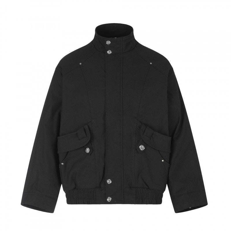 Unisex short jacket in boxy cut with stand-up collar, patch pockets, and elastic hem Mune Fashion