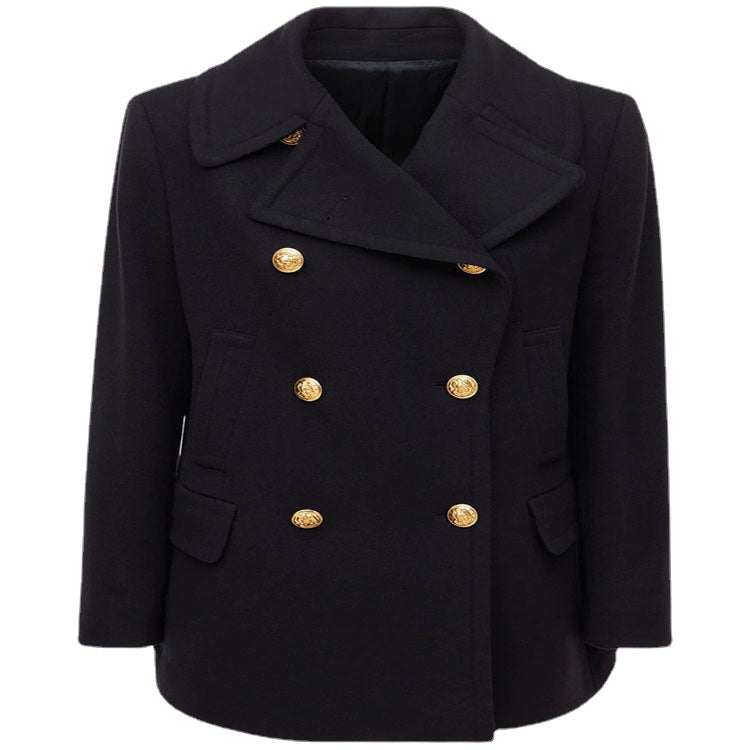 Women's Short Double-Breasted Wool Blend Peacoat with Golden Decorative Round Buttons and Tailored Silhouette Mune Fashion