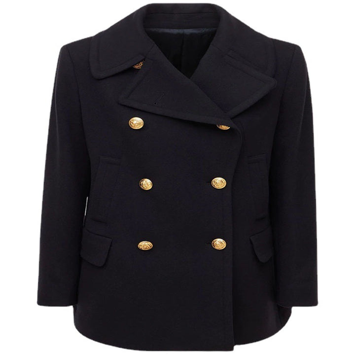 Women's Short Double-Breasted Wool Blend Peacoat with Golden Decorative Round Buttons and Tailored Silhouette Mune Fashion