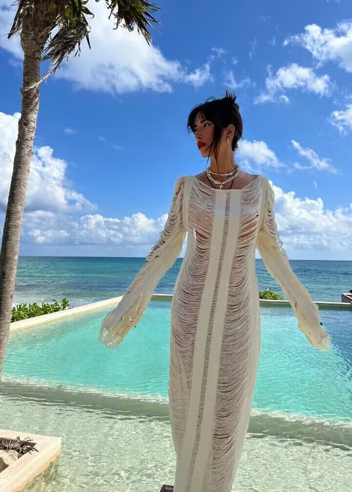 Women's elegant beach dress with refined fringes and transparent elements Mune Fashion