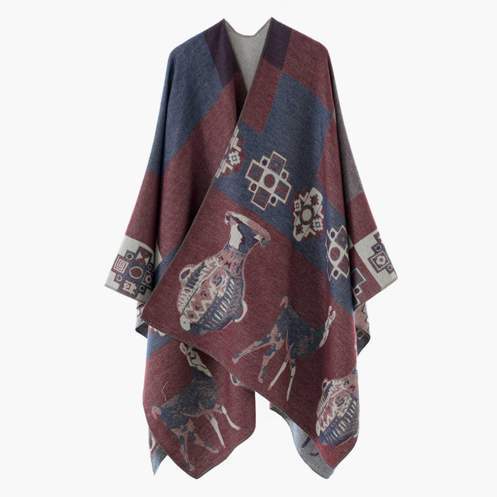 Women's jacquard knit poncho with ethnic animal motifs and open kimono cut Mune Fashion