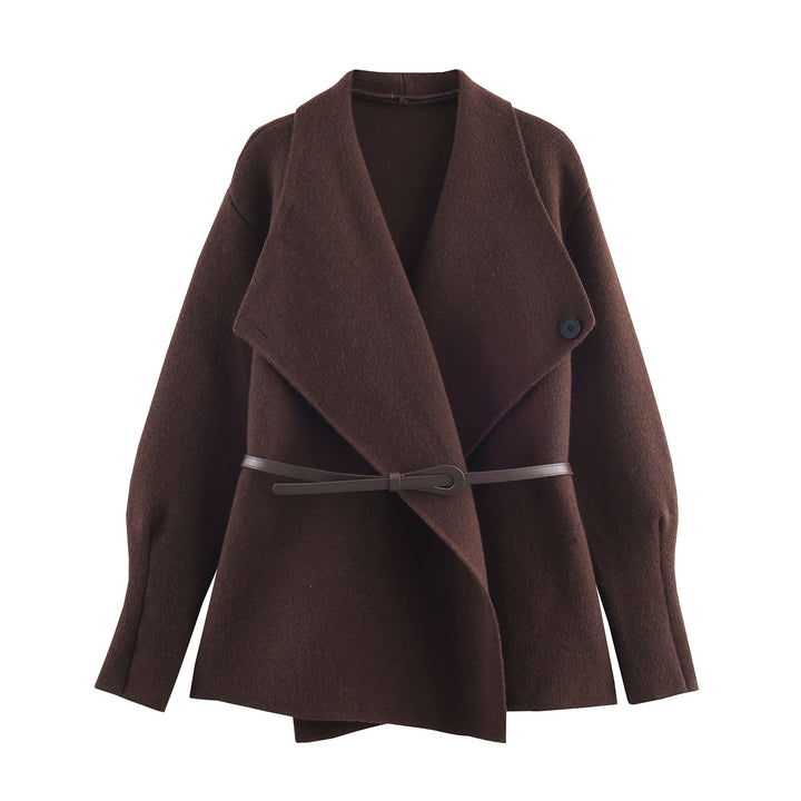 Women's Short Cut Wool Blend Cardigan Coat with Wide Shawl Collar and Narrow Tie Belt Mune Fashion
