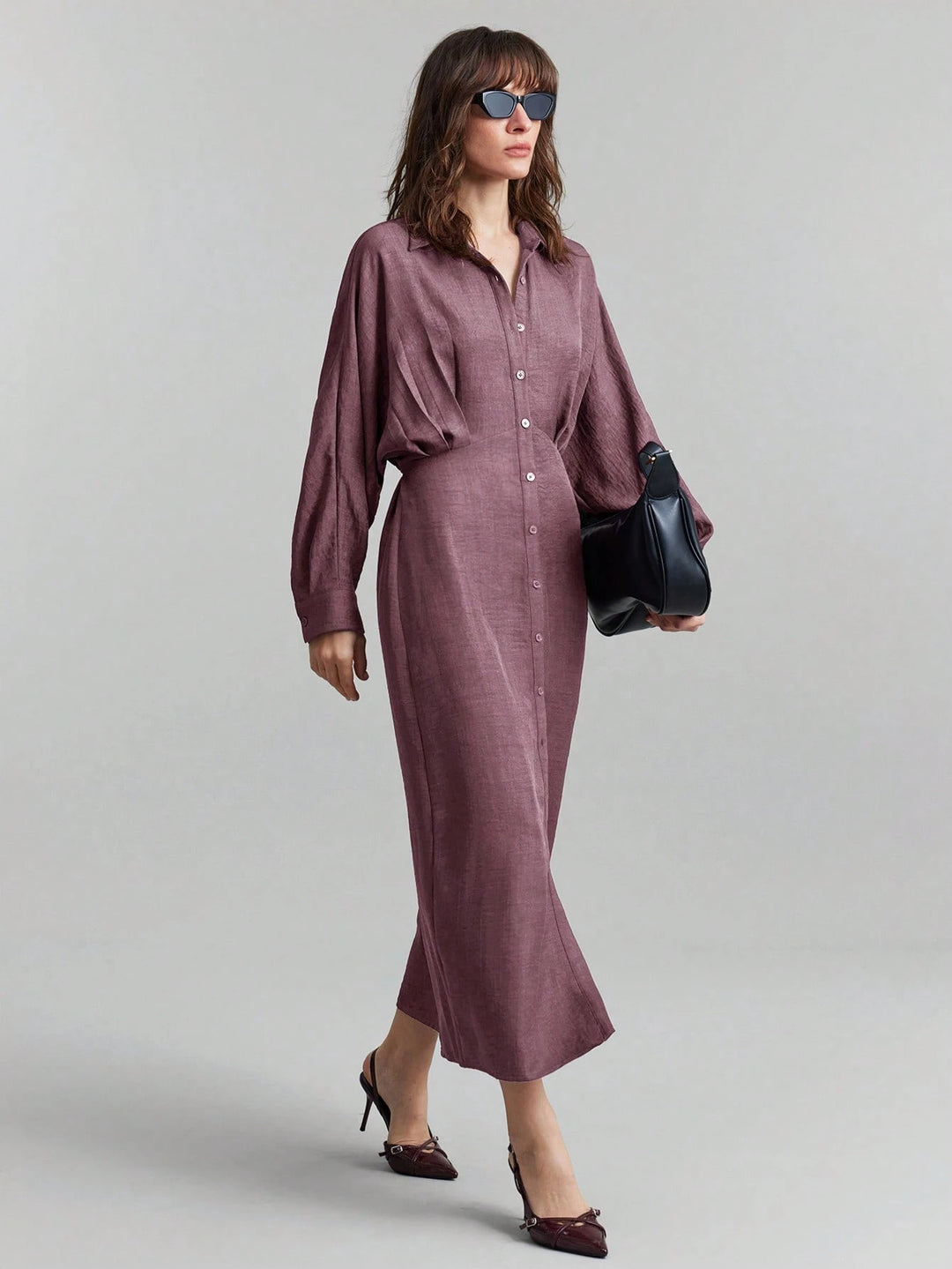 Women's linen maxi dress with shirt collar, full button placket, and batwing sleeves Mune Fashion