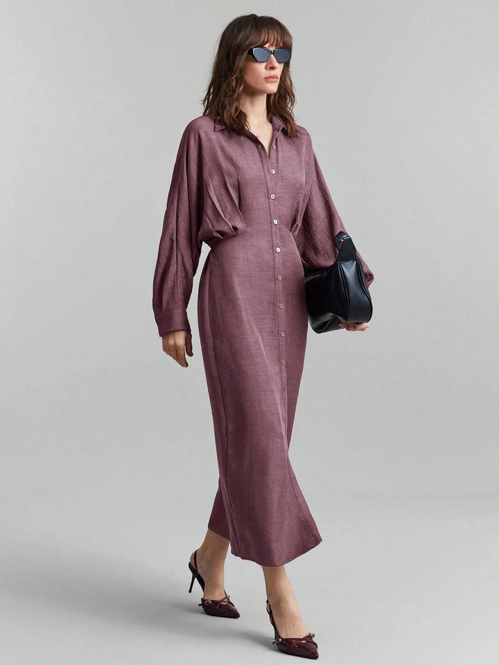 Women's linen maxi dress with shirt collar, full button placket, and batwing sleeves Mune Fashion
