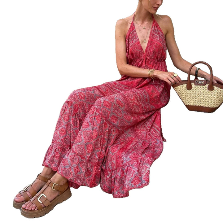 Women’s Boho Maxi Dress with Neck Band, Backless Cut and Ruffle Trim