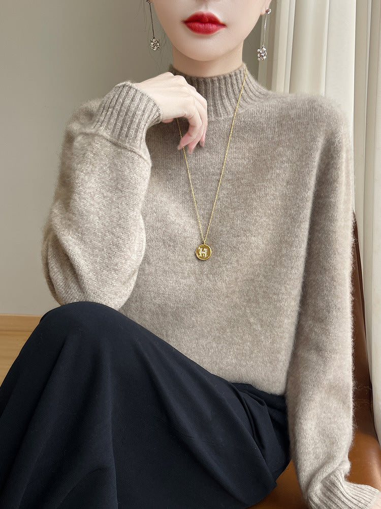 Women's Luxury Soft Midweight Mock Neck Sweater in Angora Look with Fine Rib and Relaxed Silhouette Mune Fashion