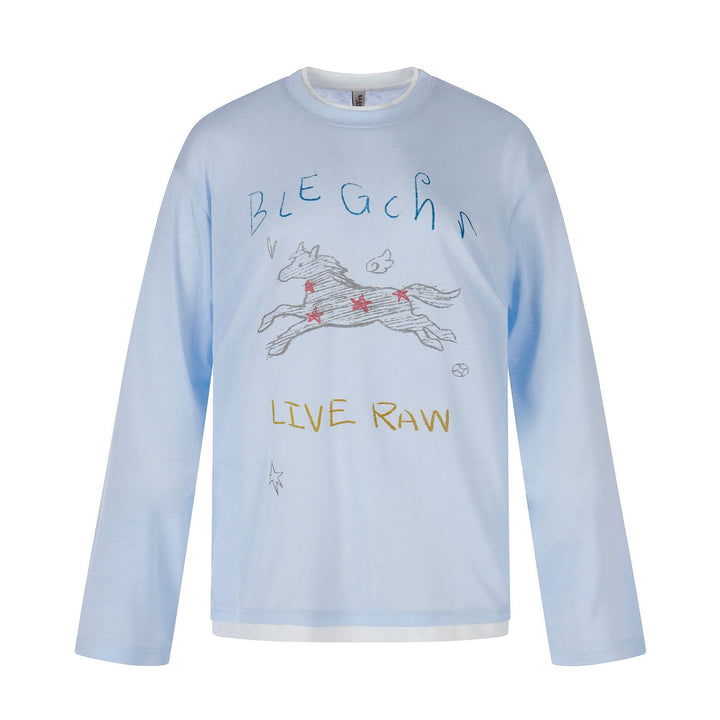 Ladies long-sleeve shirt with illustrative horse print and layer look Mune Fashion
